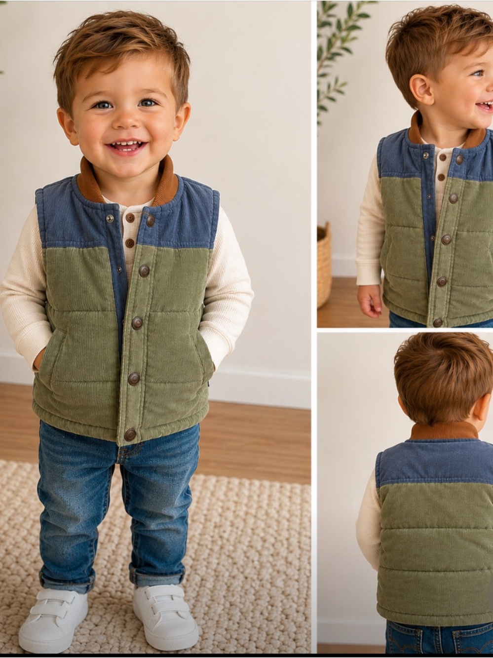 Kids Courduroy Puffer Vest - Olive & Navy